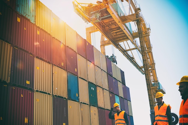 Men at work among containers in a commercial port