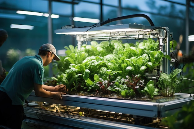 Men worker using computer in a greenhouse with lettuce and vegetables Electronic automated growing