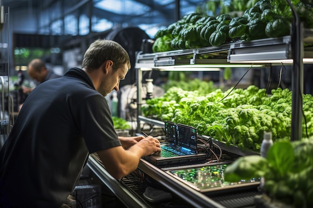 러드와 채소가 있는 온실에서 컴퓨터를 사용하는 남성 노동자 전자 자동 재배