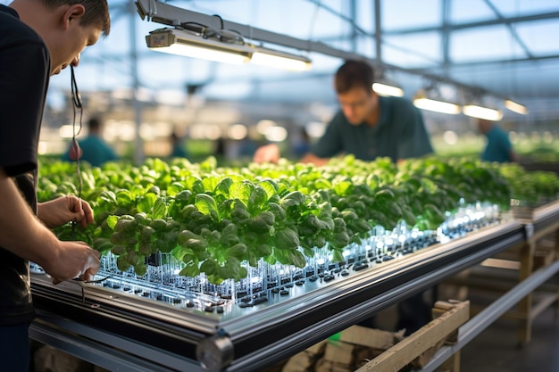 Men worker using computer in a greenhouse with lettuce and vegetables Electronic automated growing