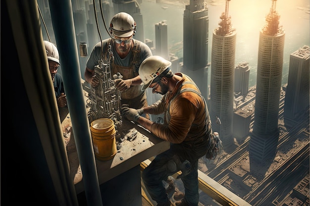 Men working at high altitude on skyscrapers Man at work We build this city Generative Ai