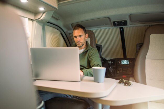 Men Working Straight From His Camper Van While on a Road Trip