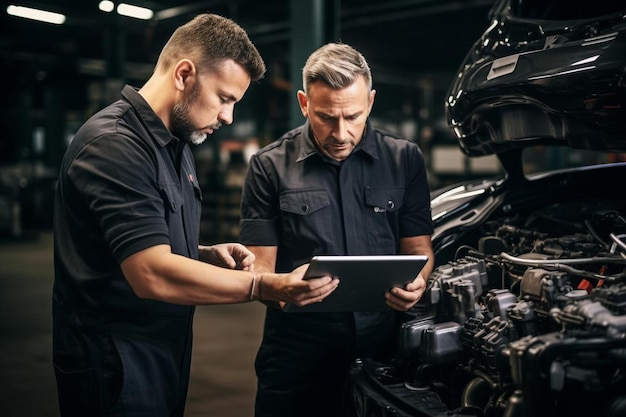 men working on a tablet in a workshop with a car engine