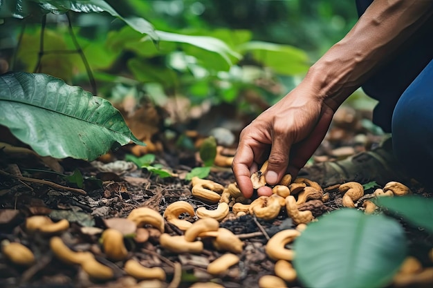 Men39s Hands Gathering Nutritious Cashew Nuts in Serene Surroundings