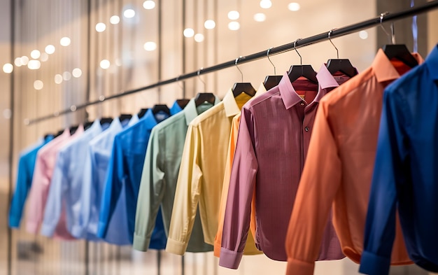 Men39s shirts on hangers in the store closeup