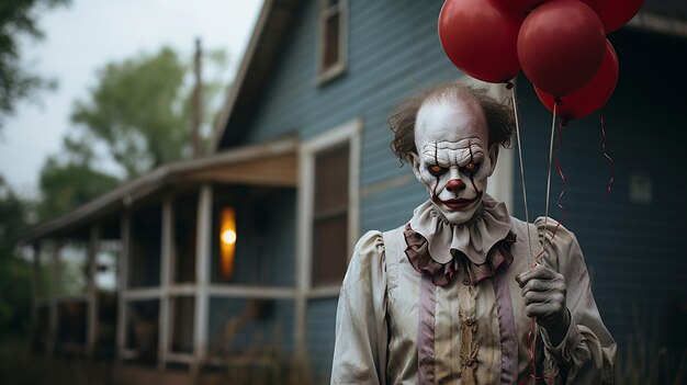 Угроза в сумерках Страшный клоун с воздушными шарами преследует старый дом в канун Хэллоуина
