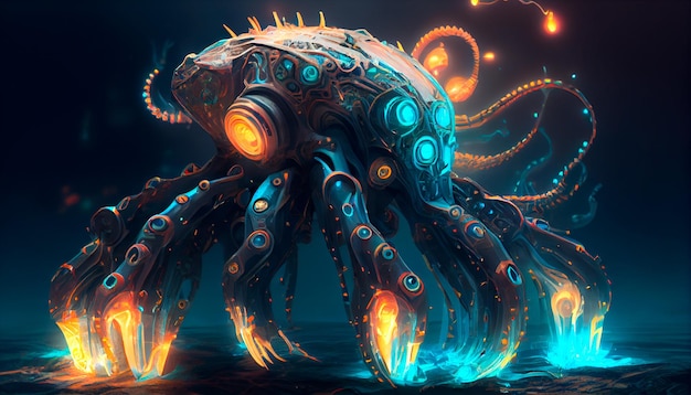 Menacing futuristic AI Kraken Animal Robot glowing elements scary future created Generative AI