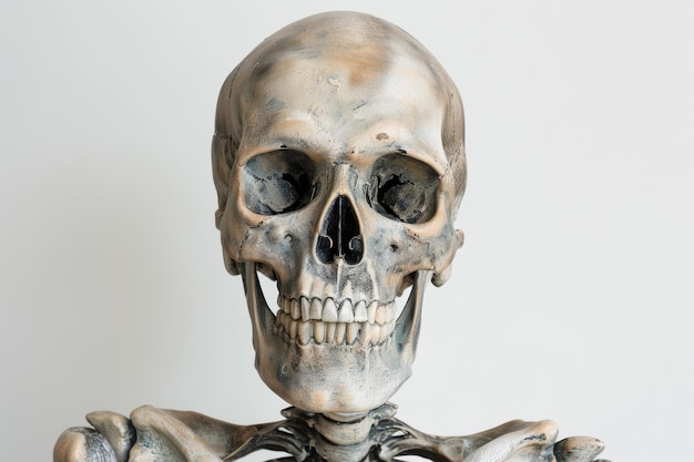 a menacing skeleton portrait on a white isolated background ready to attack capturing the horror a
