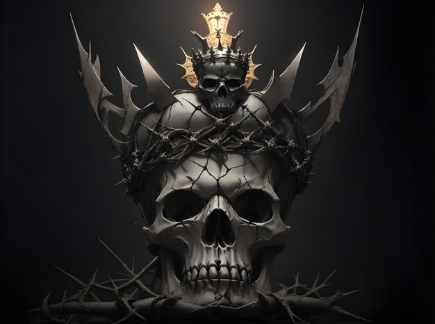 Photo a menacing skull with a crown of thorns illuminated by a single spotlight