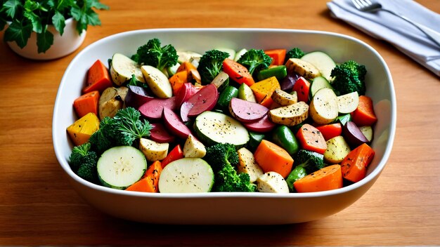 mengeling van gekookte groenten in een schaal variëteit van gegrilde groenten in de schaal op abstracte achtergrond Zucchini 8K