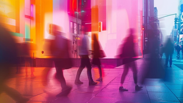 Menigte anonieme mensen die in neonkleur op een drukke stadsstraat lopen Defocused Blurred Generative