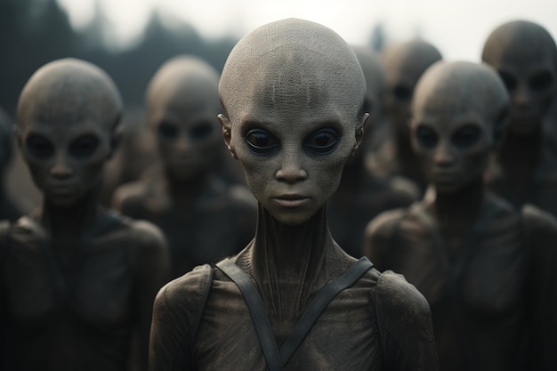 Menigte buitenaardse groep ufo griezelige humanoïde camera buiten kijken Paranormale scifi-illustratie
