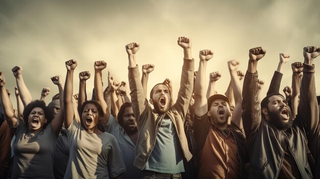 Foto menigte demonstranten mensen die vechten voor hun rechten mensen met hun handen omhoog generatieve ai