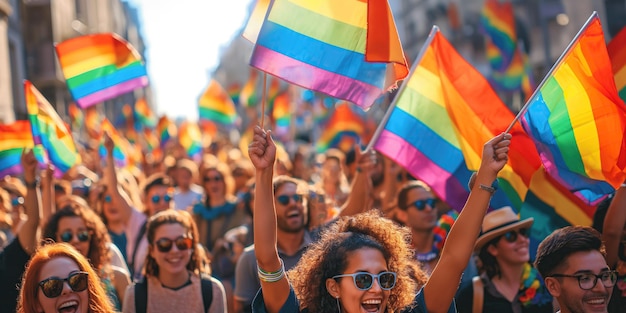 menigte gelukkige mensen met regenboogvlaggen bij de LGBT-parade Pride in Festival mars op straat in de zomer