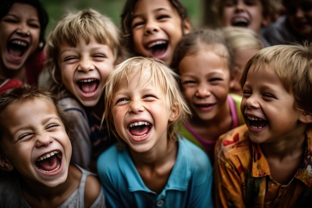 Foto menigte lachende kinderen op een zomerdag is hartverwarmend en vertegenwoordigt de pure vreugde en zorgeloze geest van de kindertijd generatieve ai