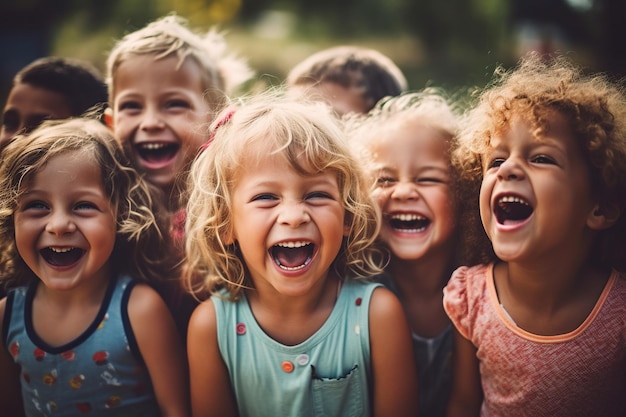 Menigte lachende kinderen op een zomerdag is hartverwarmend en vertegenwoordigt de pure vreugde en zorgeloze geest van de kindertijd Generatieve AI