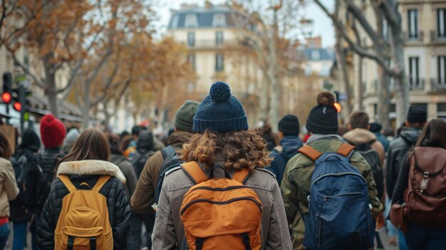 Menigte loopt door de straat van de stad herfst gevangen van achter mensen lopen