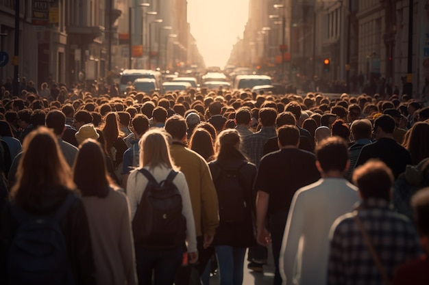 Menigte mensen die op een drukke weg lopen met generatieve AI