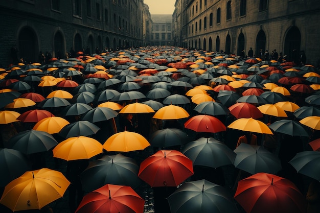 menigte mensen op straat op een regenachtige dag