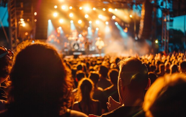 Foto menigte op een concert juichende menigte voor heldere kleurrijke podiumlichten