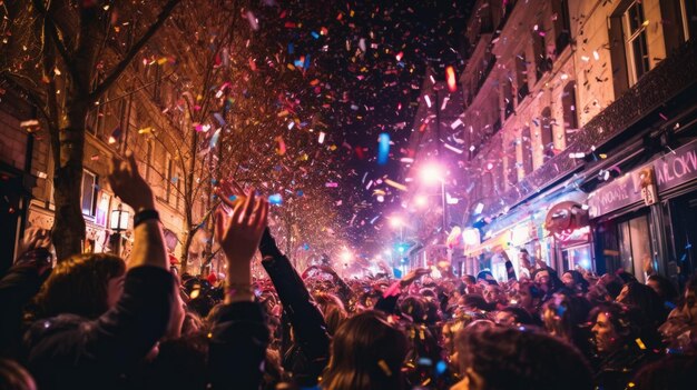 Foto menigte op straat in parijs viert gelukkig nieuwjaar en vrolijk kerstmis