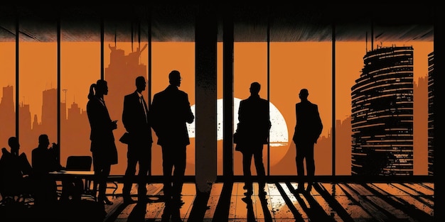 Menigte silhouet zakenmensen bij het kantoorgebouw Corporation