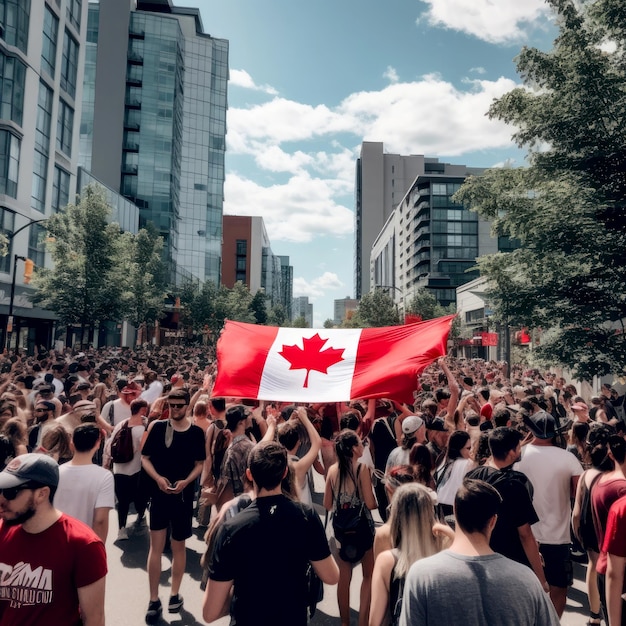 Menigte van Canadezen op straat die Canada Day vieren