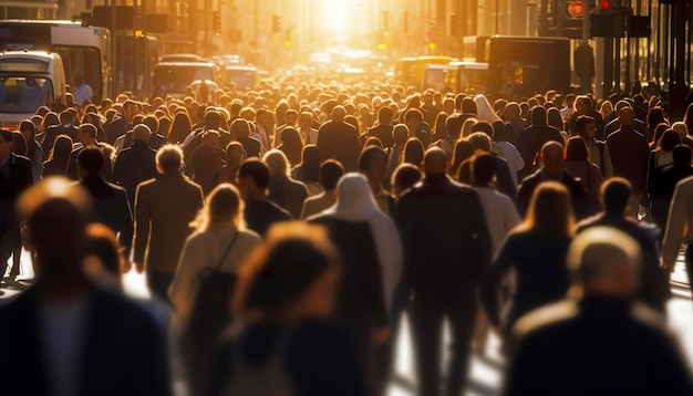 Menigte van mensen die drukke stadsstraat met achtergrondverlichting lopen Generatieve AI