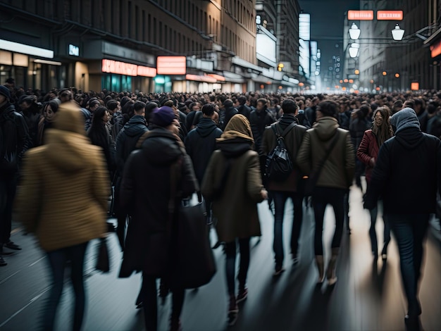 Menigte van mensen die 's nachts op straat lopen ai generatief