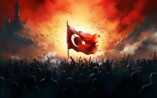 Menigte van mensen met de vlag van turkije voor een nucleaire explosie