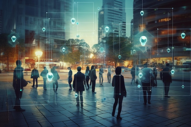 Menigte van zakenmensen gevolgd met technologie die door drukke straten van de stad loopt CCTV AI gezichtsherkenning Big Data-analyse-interface scannen met informatiebewakingsconcept