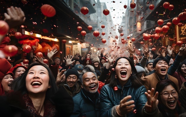 Menigten gelukkige mensen die het Chinese Nieuwjaar vieren