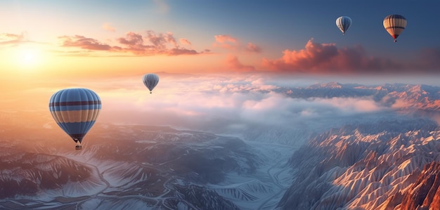 Mening van hete luchtballon die over bergen bij zonsondergang vliegt