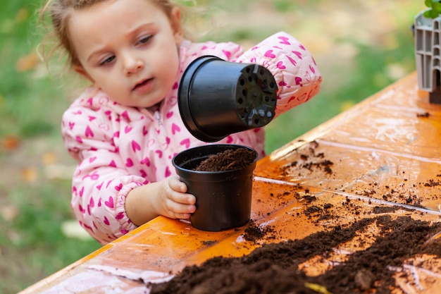 Mening van peuterkind die jonge bietenzaailing planten aan een vruchtbare grond.