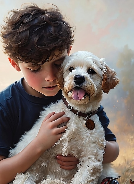Photo menino abracando seu cachorro