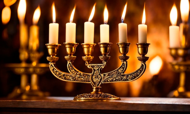 Photo menorah candlestick with candles selective focus