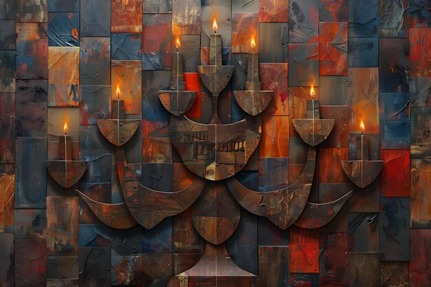 Menorah met textuur van gehamerd metaal Metallic Collage Effe Illustratie Trending achtergronddecoratie