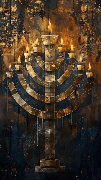 Menorah met textuur van gehamerde bronzen metalen collage-effect illustratie trending achtergronddecoratie