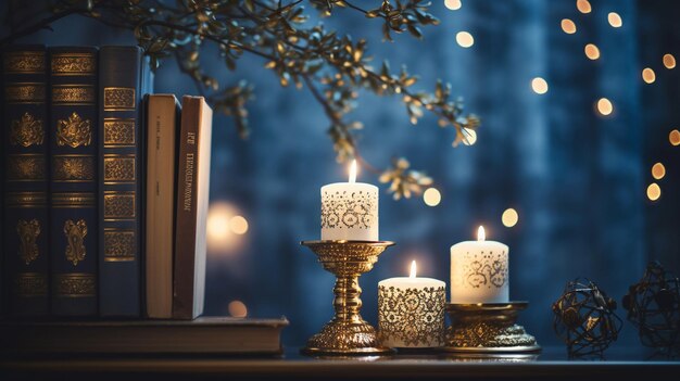 A Menorah placed in the center of a cozy Hanukkah reading nook inviting quiet reflection and relaxa