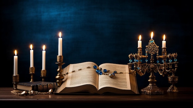 A Menorah surrounded by traditional Jewish books highlighting the cultural and educational aspects