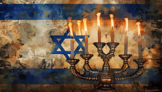 Photo menorah with burning candles for hanukkah celebration and flag of israel on grunge background