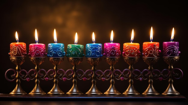Photo menorah with colorful candles against dark background
