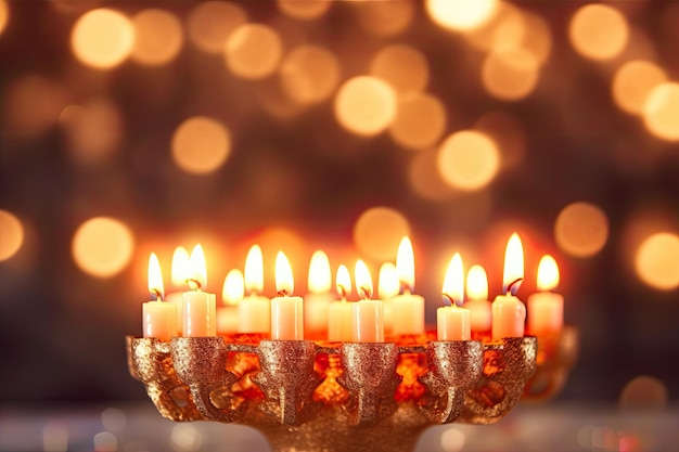 Фото Менора с золотыми свечами для празднования хануки на цветном деревянном столе