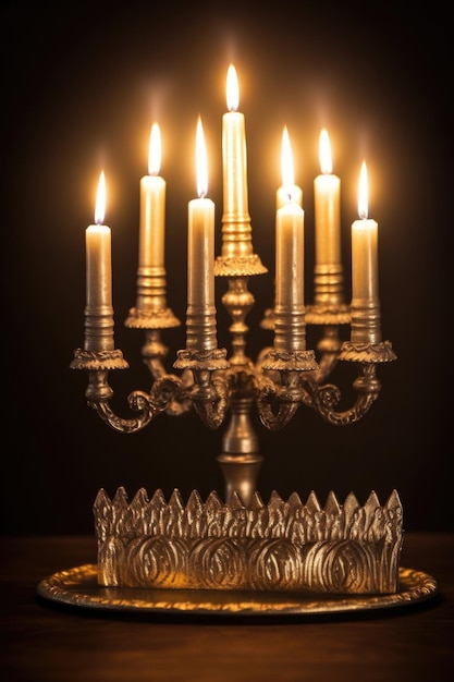 Menorah with lit candles during hanukkah created with generative ai