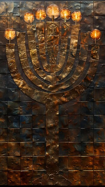 Menorah With Texture of Hammered Bronze Metallic Collage Eff Illustration Trending Background Decor