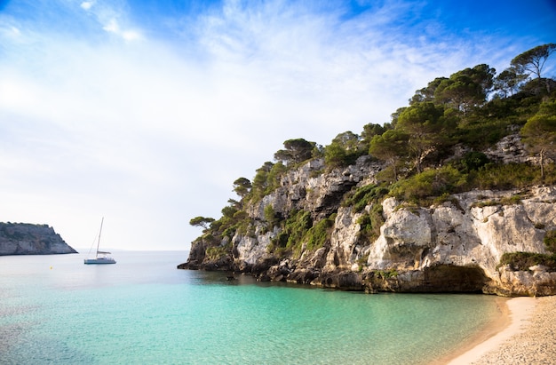 MENORCA, SPAIN - June 29, 2018: The most beautiful beach in Menorca during first hours of the day (07:00), summer season