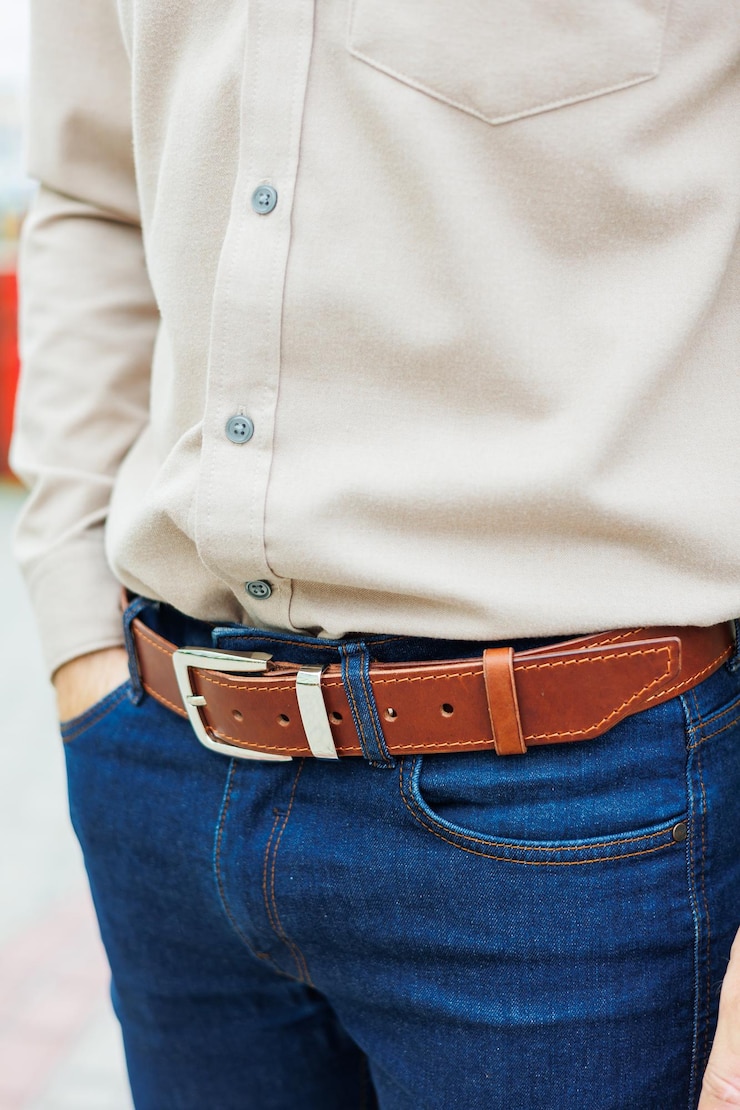 Photo mens brown leather belt for trousers brown belt on mens trousers