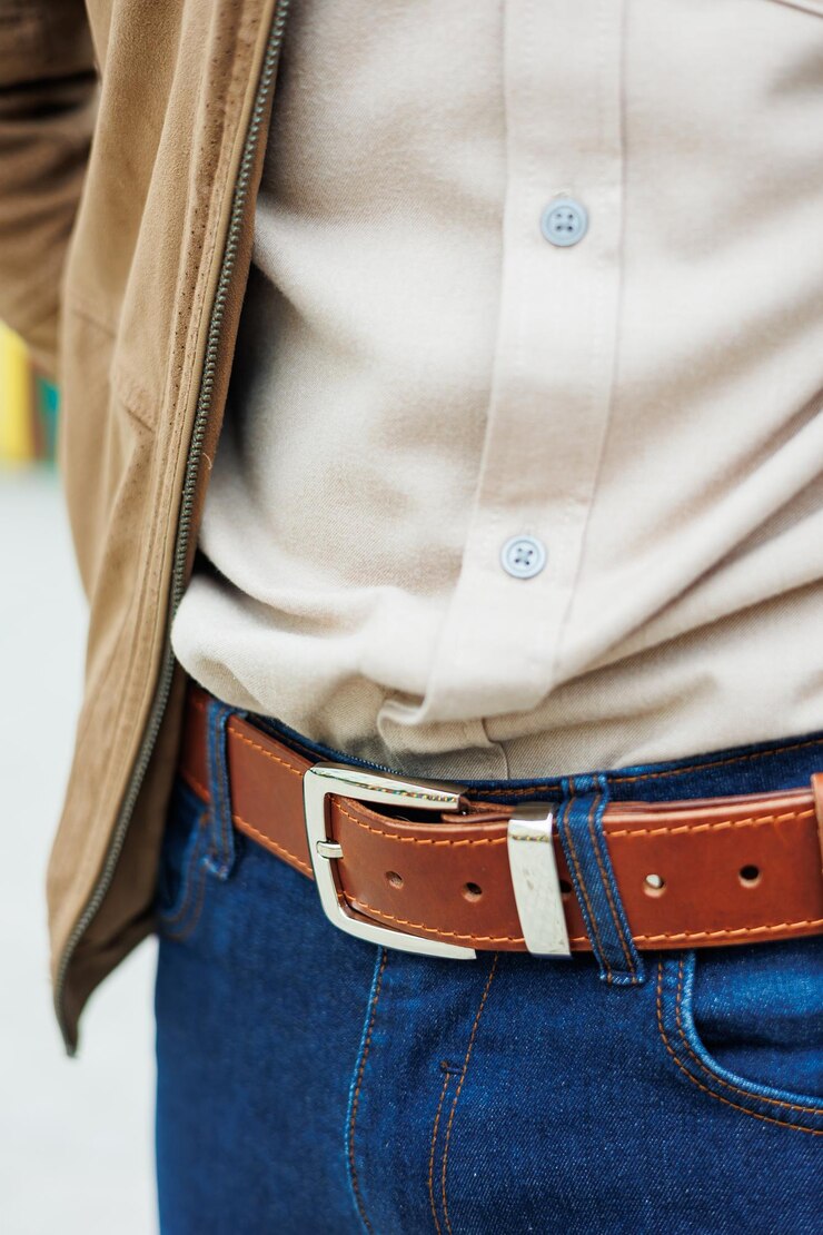 Photo mens brown leather belt for trousers brown belt on mens trousers