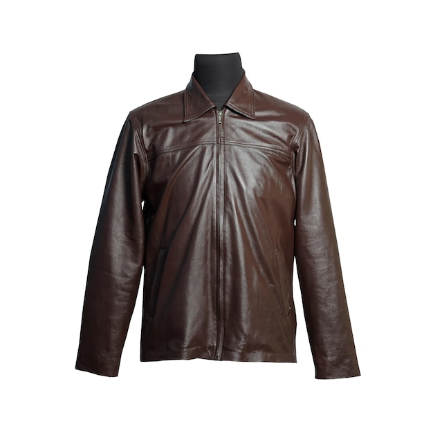 Photo mens brown leather jacket isolated on white background.