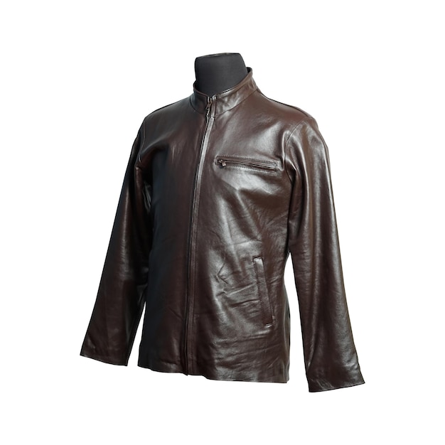 Mens brown leather jacket isolated on white background.